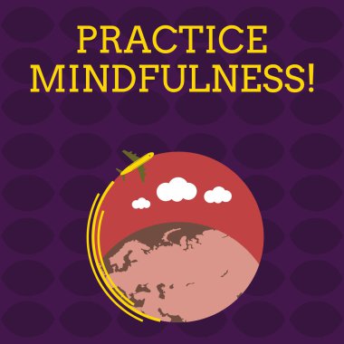 El yazısı metni uygulama mindfulness. Kavramı gevşeme bir devlet renk Globe ve boş metin alanı etrafında uçan simgesi ile meditasyon Airplane bir form ulaşmak anlamı.
