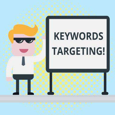 Anahtar kelime hedefleme gösteren metin işareti. Kavramsal fotoğraf arama motorları Iş Işadamı ofis Işçi güneş gözlüğü boş beyaz tahta toplantı sunumu yüksek rütbe almak için Ilgili kelimeleri kullanın.