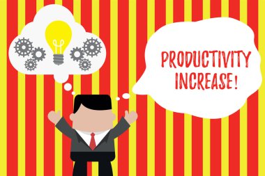 Verimlilik artışı gösteren Not yazma. İş fotoğraf vitrine daha fazla şey olsun ürün giriş birimi başına çıkış adam el yukarı hayali kabarcık ampul çalışma birlikte.