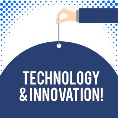 El yazısı metin teknoloji ve yenilik. Kavram anlamı uygulama yeni pazar için daha iyi çözüm Ihtiyaç erkek el kolu İğne delme büyük yarım boş balon geometrik arka plan.