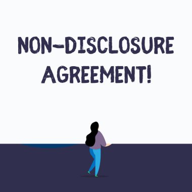 El yazısı metin yazılı olmayan bilgilendirme sözleşmesi. Kavram anlamı yasal sözleşme gizli malzeme veya bilgi arka görünüm genç uzun saç kadın tutan boş kare duyuru tasarım.