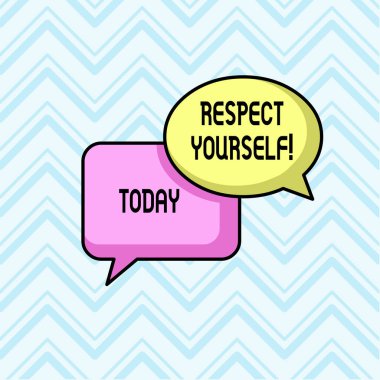 El yazısı metni kendinize saygı gösterin. Konsept anlamı size iyi ve layık iyi tedavi ediliyor inanmak oval ve dikdörtgen şekil çakışan boş konuşma kabarcıklar çifti.