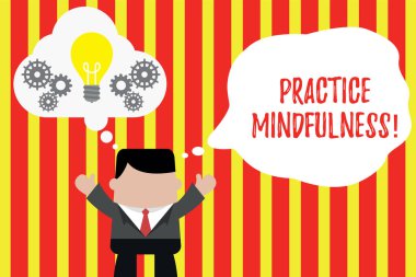 Uygulama mindfulness gösteren Not yazma. İş fotoğraf vitrine bir devlet gevşeme bir form meditasyon adam eller kadar hayali kabarcık ampul birlikte çalışma elde.