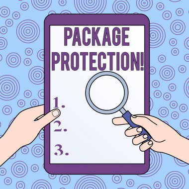 Conceptual hand writing showing Package Protection. Business photo showcasing Wrapping and Securing items to avoid damage Labeled Box Hands Holding Magnifying Glass Against Switched Off Tablet. clipart
