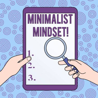 Kavramsal el yazma minimalist Mindset gösteren. İş fotoğraf vitrine daha ne yaşam karmaşalı Hands holdıng cam kapalı tablete karşı Büyüteç olmadan sunabilir farkında olun.