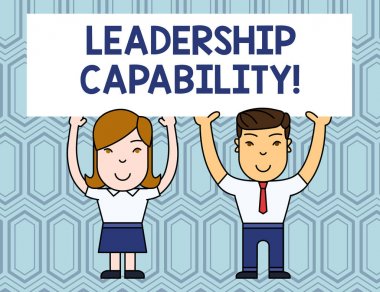 Liderlik yeteneğini gösteren metin işareti. Kavramsal fotoğraf ne bir lider etkili Iki el ile büyük boş poster kurulu tepegöz Holding 2 gülümseyen Insanlar kurşun kapasitesi inşa edebilirsiniz.