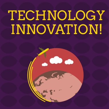 El yazısı metin teknoloji yenilik. Konsept anlamı gelişmiş net bağlı cihazlar renkli Küre ve boş metin alanı etrafında uçan simge hareketli bir yaratıcı tekniği uçak.