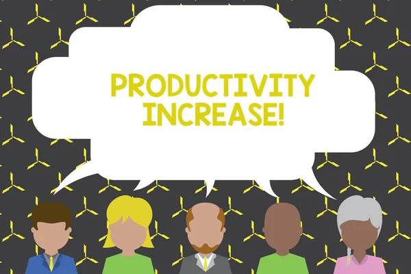 Handwriting text Productivity Increase. Concept meaning get more things done Output per unit of Product Input Five different races persons sharing blank speech bubble. People talking.