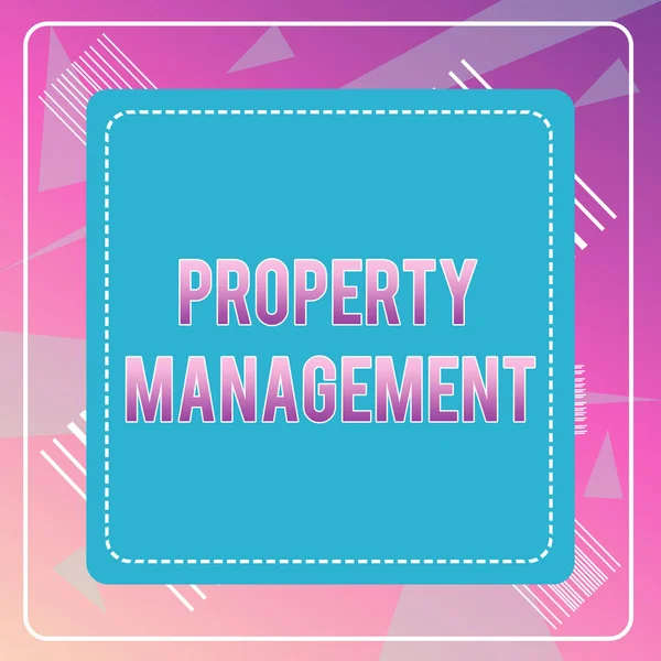 Word writing text Property Management. Business concept for Overseeing of Real Estate Preserved value of Facility Dashed Stipple Line Blank Square Colored Cutout Frame Bright Background.