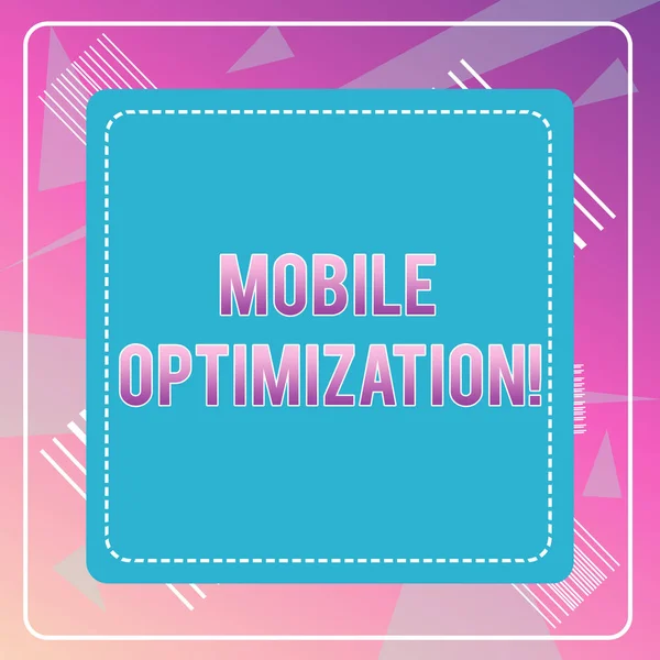 Tekst: Mobile Optimization. Forretningskonsept for endring av områdeinnhold for håndholdte eller tablettbaserte enheter - stipletlinje med tomt linjeområde - farget utkappskjøt - bakgrunnsbilde . – stockfoto