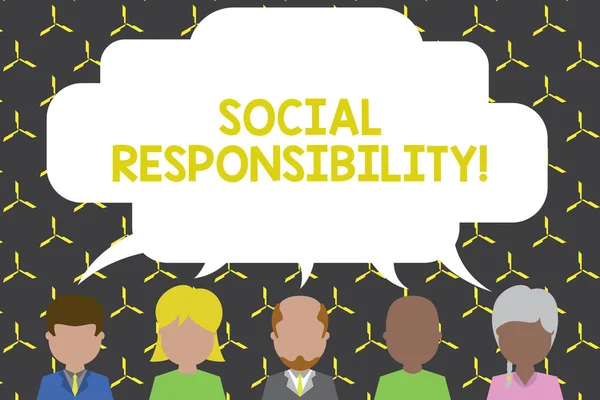 Handwriting text Social Responsibility. Concept meaning Obligation for the Benefit of Society Balance in life Five different races persons sharing blank speech bubble. People talking.