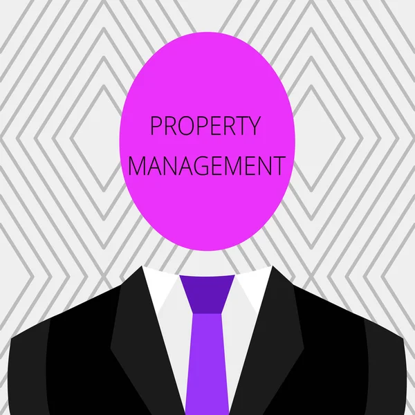 Handwriting text Property Management. Concept meaning Overseeing of Real Estate Preserved value of Facility Symbolic Drawing Emblematic Figure of Man Formal Suit Oval Faceless Head. — Stock Photo, Image