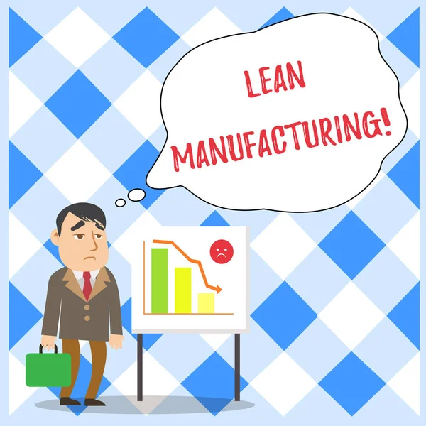 Word writing text Lean Manufacturing. Business concept for Waste Minimization without sacrificing productivity Businessman Clerk with Brief Case Standing Whiteboard Declining Bar Chart.