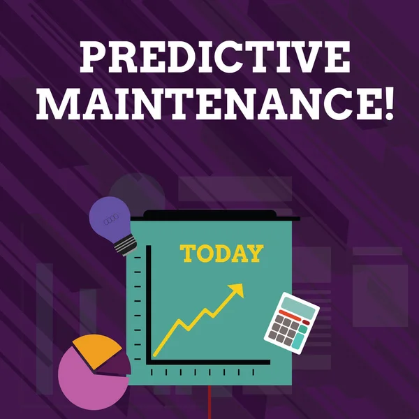 Conceptueel handschrift met voorspellend onderhoud. Zakelijke foto tekst voorspellen wanneer apparatuur storing voorwaarde zou kunnen optreden investeringen iconen van Pie en lijndiagram met pijl omhoog gaan. — Stockfoto
