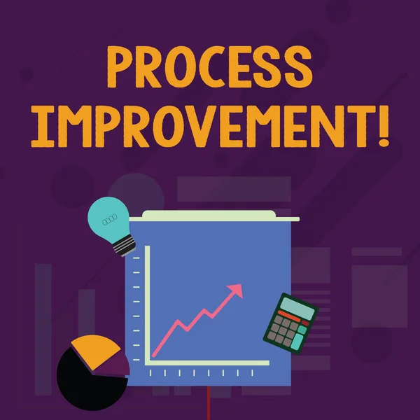 Word het schrijven van tekst procesverbetering. Business concept voor optimalisatie voldoen aan nieuwe quota standaard van de kwaliteit investeringen iconen van Pie en lijndiagram met pijl omhoog gaan, bol, rekenmachine. — Stockfoto