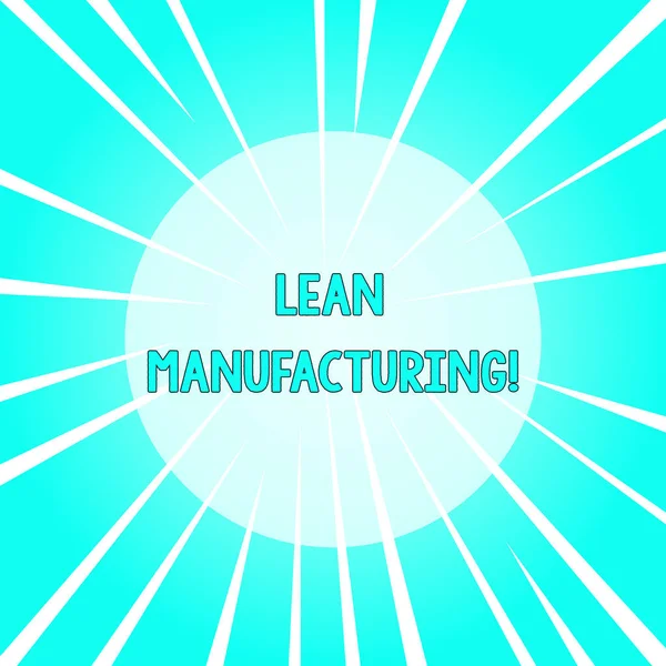 Text sign showing Lean Manufacturing. Conceptual photo Waste Minimization without sacrificing productivity Sunburst Explosion Different Size White Beams Halftone Center Perspective.