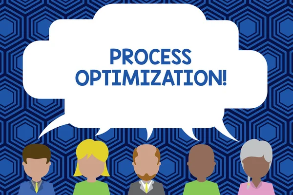 Text sign showing Process Optimization. Conceptual photo Improve Organizations Efficiency Maximize Throughput Five different races persons sharing blank speech bubble. People talking.