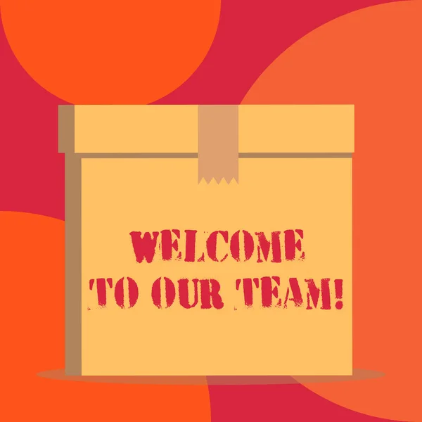 Text sign showing Welcome To Our Team. Conceptual photo introducing another demonstrating to your team mates Close up front view open brown cardboard sealed box lid. Blank background. — Stock Photo, Image