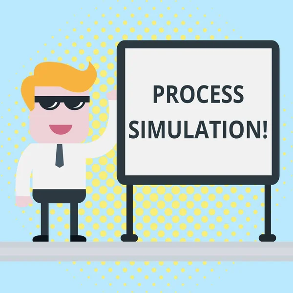 Text sign showing Process Simulation. Conceptual photo Technical Representation Fabricated Study of a system Businessman Office Worker Sunglasses Blank Whiteboard Meeting Presentation.
