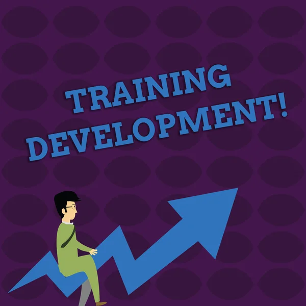 Handwriting text writing Training Development. Concept meaning Learn and Expand skills and knowledge Program Businessman with Eyeglasses Riding Crooked Color Arrow Pointing Going Up.