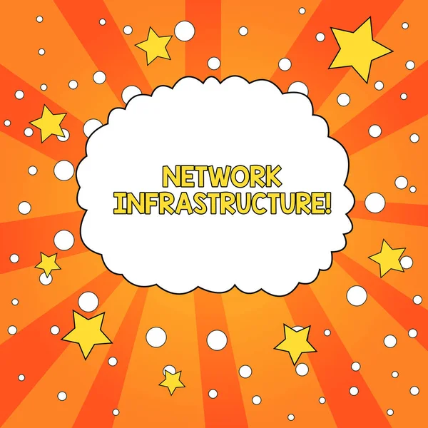 Word writing text Network Infrastructure. Business concept for Hardware and Software resources In and Out Connection Blank Speech Bubble Cloud Orange Tone Sunburst Background Stars Circles.