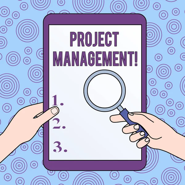 Conceptual hand writing showing Project Management. Business photo showcasing Application Process Skills to Achieve Objectives and Goal Hands Holding Magnifying Glass Against Switched Off Tablet. — Stock Photo, Image