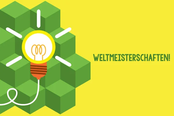 Handwriting text writing Weltmeisterschaften. Concept meaning World Championships World Cup of Sporting Competitions Big idea light bulb. Successful turning idea invention innovation. Startup.