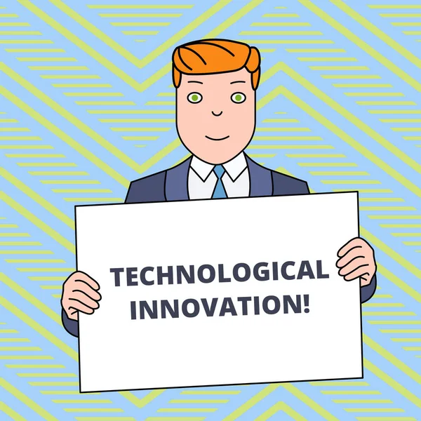 Znak tekstowy przedstawiający innowacje technologiczne. Koncepcyjny zdjęcie nowy wynalazek z wiedzy technicznej produktu uśmiechnięty człowiek gospodarstwa formalne Suit Big blank plakat Board przed siebie. — Zdjęcie stockowe