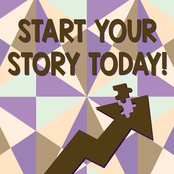 Signo de texto que muestra Start Your Story Today. La foto conceptual trabaja duro en ti mismo y comienza a partir de este momento Flecha colorida apuntando hacia arriba con una parte separada como Jigsaw Puzzle Pieza . —  Fotos de Stock