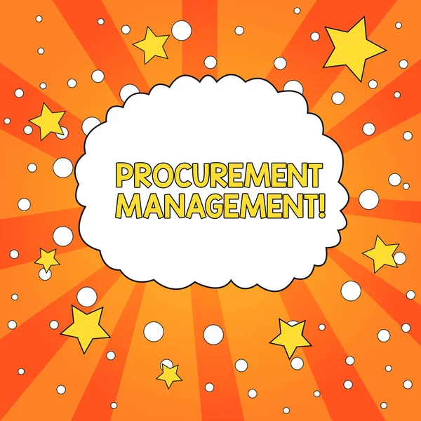 Word writing text procurement management. Geschäftskonzept für den Kauf von Waren und Dienstleistungen aus externen Quellen leere Sprechblase Wolke Orange Ton Sunburst Hintergrund Sterne Kreise. — Stockfoto