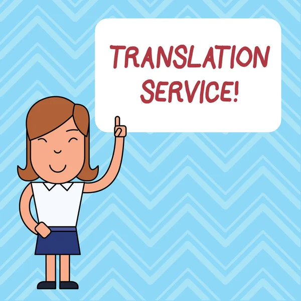 Word writing text Translation Service. Business concept for the Equivalent Target Language from the Mother Tongue Woman Standing with Raised Left Index Finger Pointing at Blank Text Box.
