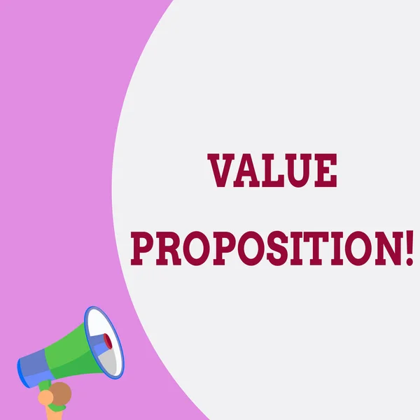 Text sign showing Value Proposition. Conceptual photo service make company or product attractive to customers Half part blank huge balloon empty text with small megaphone. Announcement.
