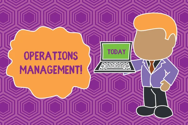 Text sign showing Operations Management. Conceptual photo ensure Inputs to Output the Production and Provision Standing professional businessman holding open laptop right hand side.