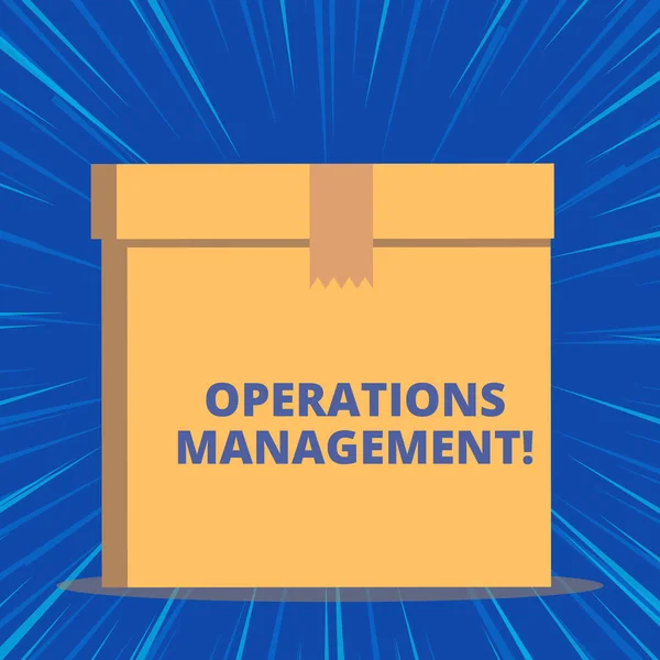 Writing note showing Operations Management. Business photo showcasing ensure Inputs to Output the Production and Provision Close up front view brown cardboard sealed box lid. Blank background.