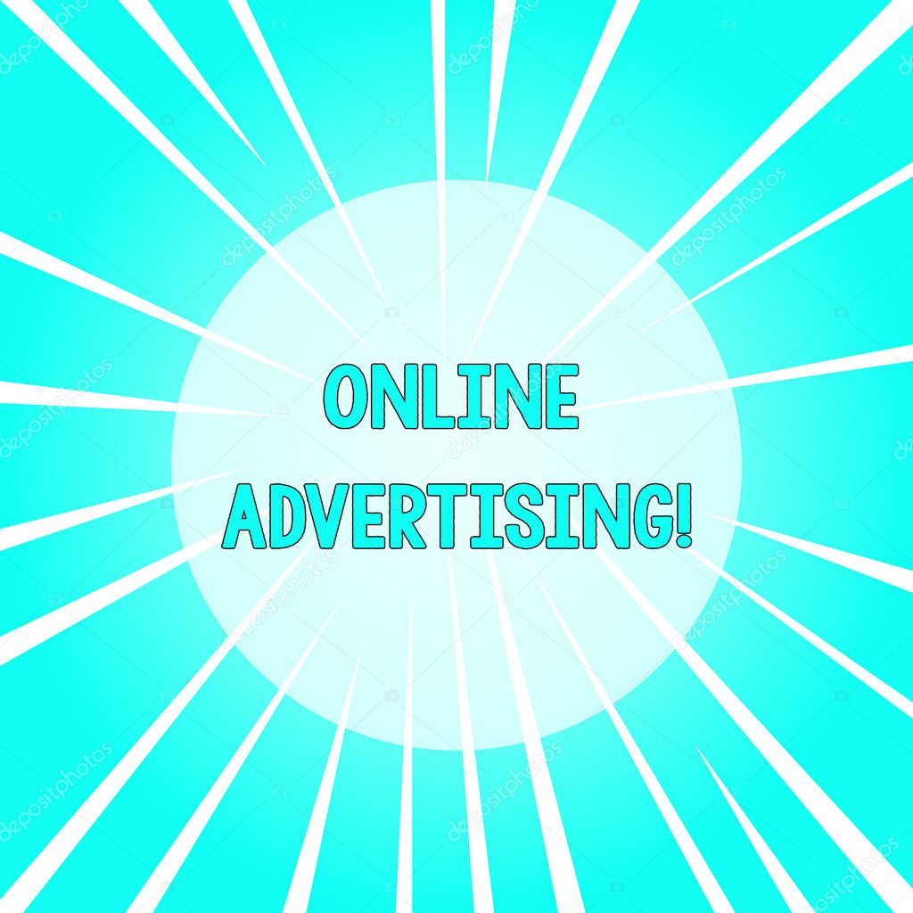 Text sign showing Online Advertising. Conceptual photo Internet Web Marketing to Promote Products and Services Sunburst Explosion Different Size White Beams Halftone Center Perspective.