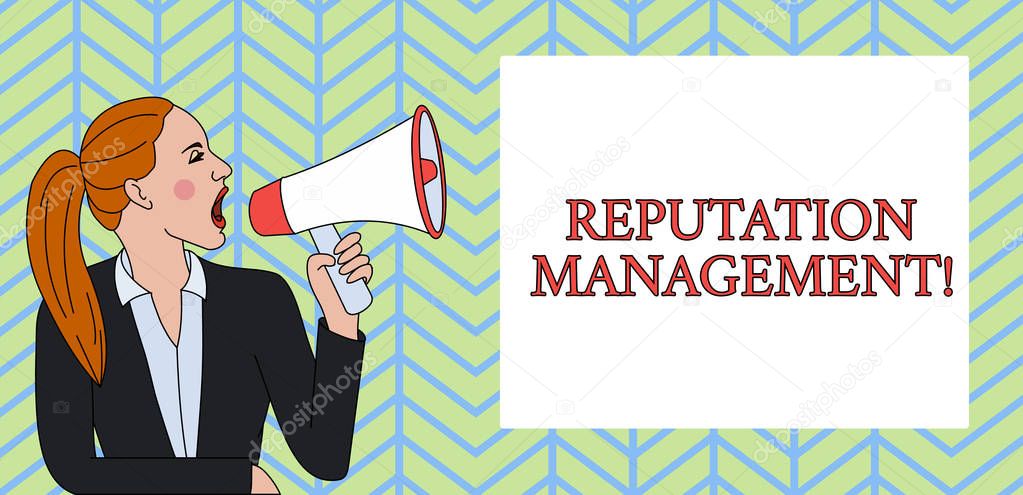 Conceptual hand writing showing Reputation Management. Business photo text Influence and Control the Image Brand Restoration Woman Jacket Ponytail Shouting into Loudhailer Rectangular Box.