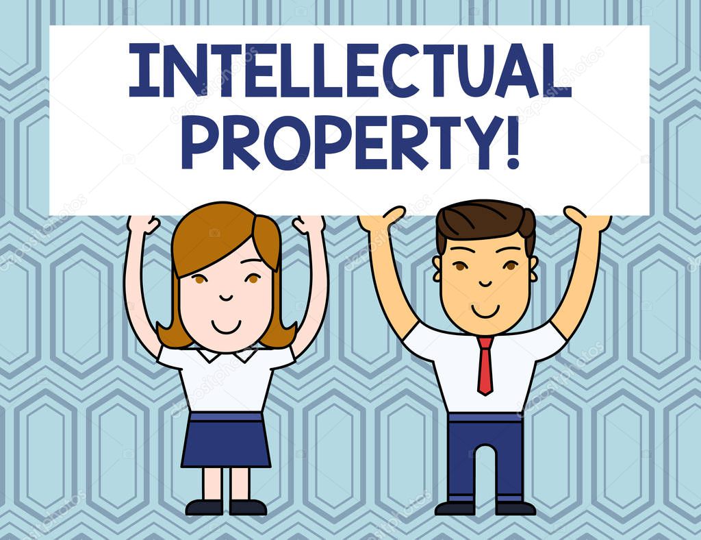 Text sign showing Intellectual Property. Conceptual photo Protect from Unauthorized use Patented work or Idea Two Smiling People Holding Big Blank Poster Board Overhead with Both Hands.