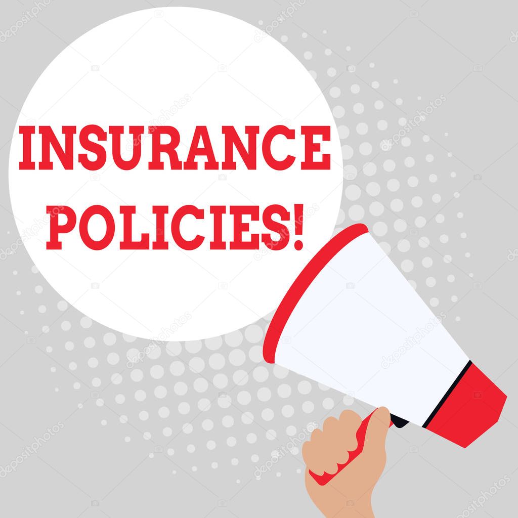 Writing note showing Insurance Policies. Business photo showcasing Documented Standard Form Contract Financial Reimbursement Office Worker Sunglass Blank Whiteboard Meeting Presentation.