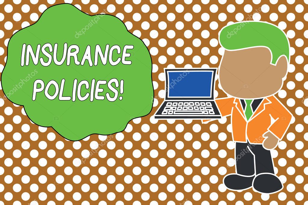 Conceptual hand writing showing Insurance Policies. Business photo text Documented Standard Form Contract Financial Reimbursement Standing businessman holding open laptop right hand side.