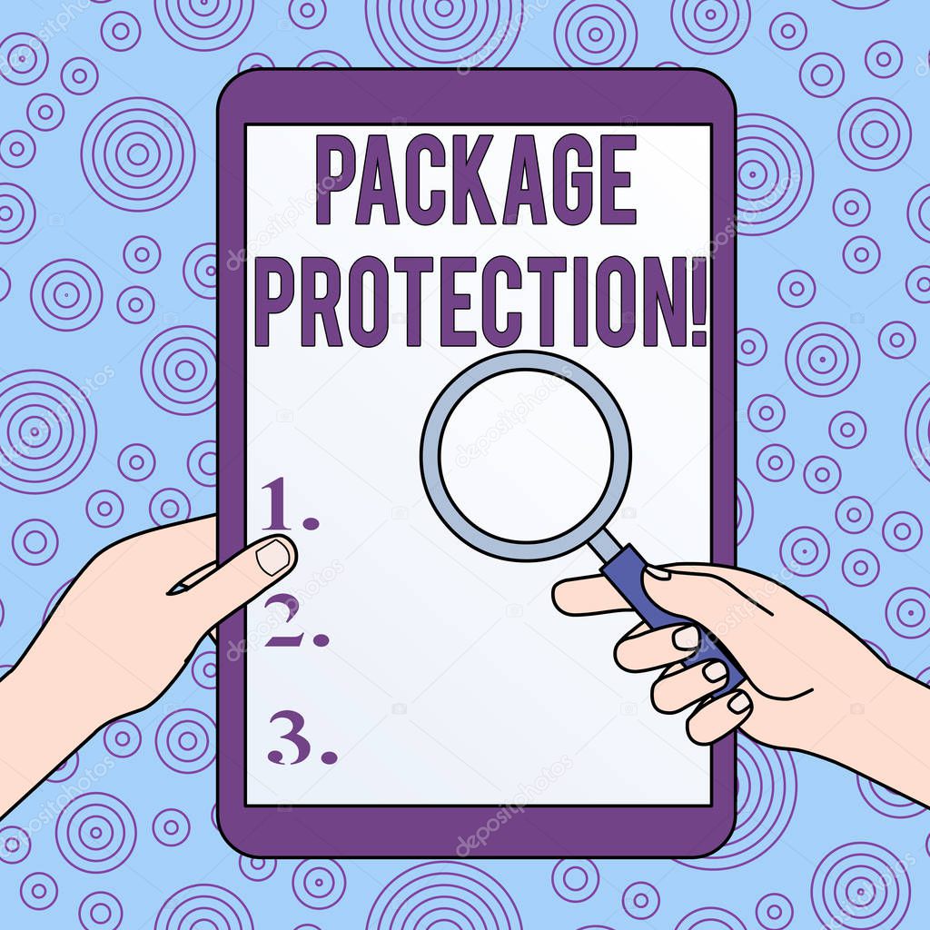 Conceptual hand writing showing Package Protection. Business photo showcasing Wrapping and Securing items to avoid damage Labeled Box Hands Holding Magnifying Glass Against Switched Off Tablet.
