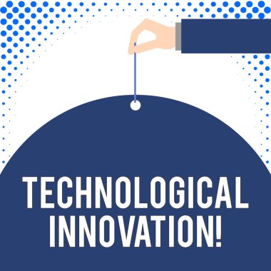 El yazısı metni teknolojik yenilik. Kavram anlamı yeni buluş teknik bilgi ürün erkek el kolu İğne delme büyük yarım boş balon geometrik arka plan.