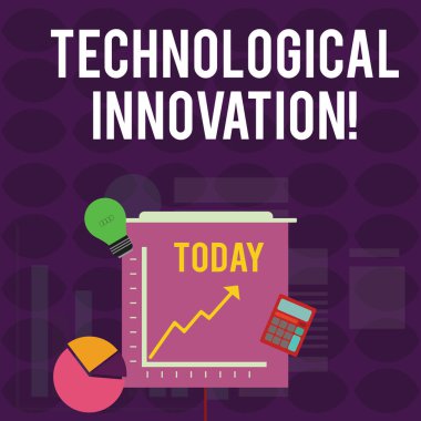 El yazısı metin yazma teknolojik yenilik. Kavram anlamı yeni buluş teknik bilgi ürün yatırım simgeleri pasta ve çizgi grafik ok gidiş, ampul, hesap makinesi.