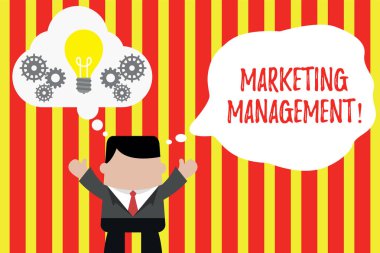 Pazarlama Yönetimi 'Ni gösteren Not yazma. İş fotoğrafı vitrine geliştirin reklam yeni bir ürün veya hizmet tanıtmak adam el yukarı hayali kabarcık ampul çalışma birlikte.