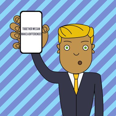 Metin işareti birlikte gösteren bir fark yaratabilir. Kavramsal fotoğraf gibi takım veya grup adam Holding dikey akıllı telefon cihazı boş ekran dikkat için çok önemli bir yol olmak.