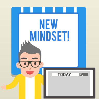 Yeni Mindset yazma el yazısı metin. Kavram anlamı zihinsel tutum iblisleri tepkiler bazı durumlar için ekran sunum veya rapor arama aracı ile erkek hoparlör monitörü.