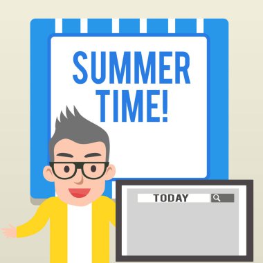 Yaz saati yazma el yazısı metin. Kavram anlamı uzun akşam ışığı yaz ayar saatleri saat Ahead ulaşmak ekran sunum veya rapor üzerinde arama aracı ile erkek hoparlör monitörü.