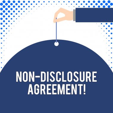 El yazısı metni bilgilendirme sözleşmesi. Kavram anlamı yasal sözleşme gizli malzeme veya bilgi Erkek el kolu İğne delme büyük yarım boş balon geometrik arka plan.