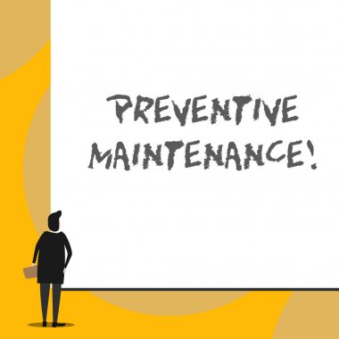 Conceptual hand writing showing Preventive Maintenance. Business photo showcasing Avoid Breakdown done while machine still working Back view young woman watching blank big rectangle. clipart