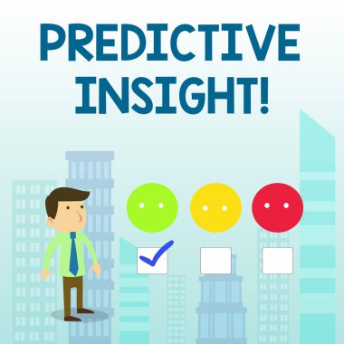 Word yazma metin öngörü Insight. Proaktif arıza yönetim sistemi için iş konsepti erken algılama beyaz erkek anket seçimi denetim listesi memnuniyeti yeşil Tick.