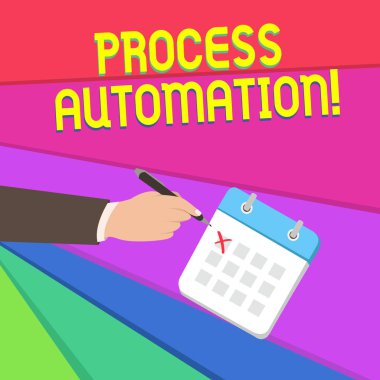 Işlem Otomasyonu yazma el yazısı metin. Kavram anlamı dönüşüm Basitleştirilmiş robotik fazlalığını önlemek Için erkek el resmi Suit bir gün takvim kırmızı mürekkep tükenmez kalem kapalı haçlar.